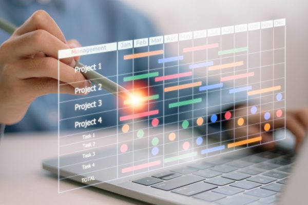 The,Project,Manager,Works,And,Updates,Tasks,With,Milestones,And