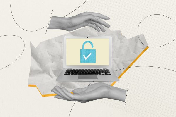 Composite,Photo,Collage,Of,Hand,Show,Unlock,Macbook,Device,Hacker