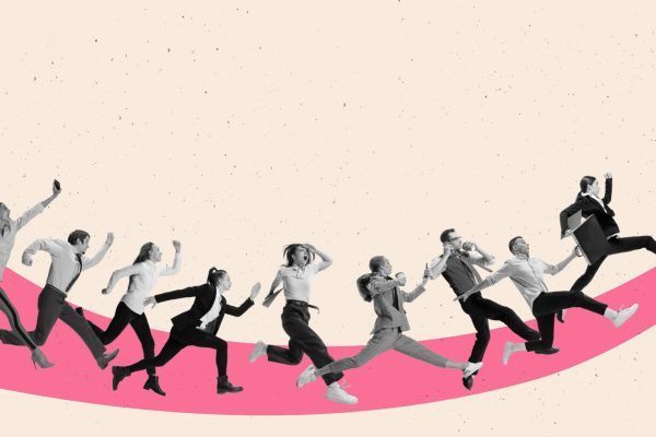 Creative,Design.,Contemporary,Art,Collage.,Motivated,And,Concentrated,Employees,Running