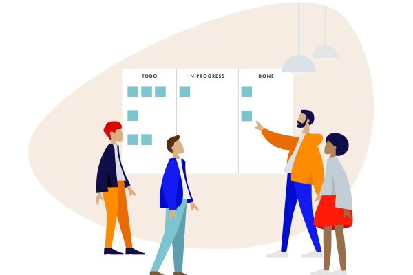 Stand-up,Meeting,Vector,Illustration.,Scrum,Master,With,Team.,Agile,And