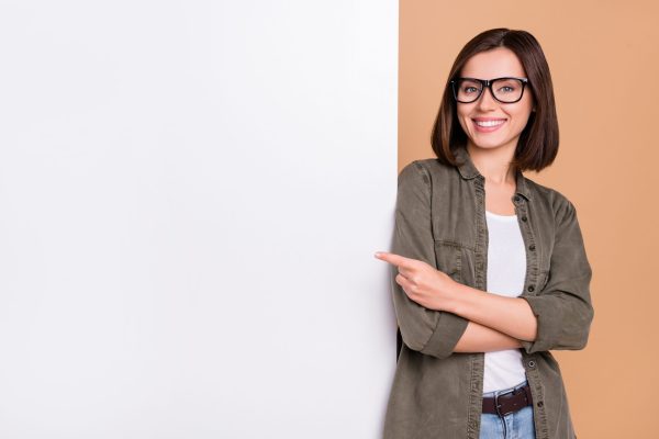 Photo,Of,Cheerful,Lady,Direct,Forefinger,Placard,Board,Empty,Space