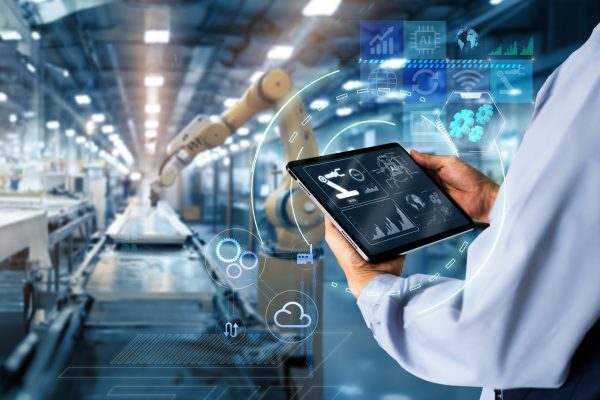 Smart,Industry,Control,Concept.hands,Holding,Tablet,On,Blurred,Automation,Machine